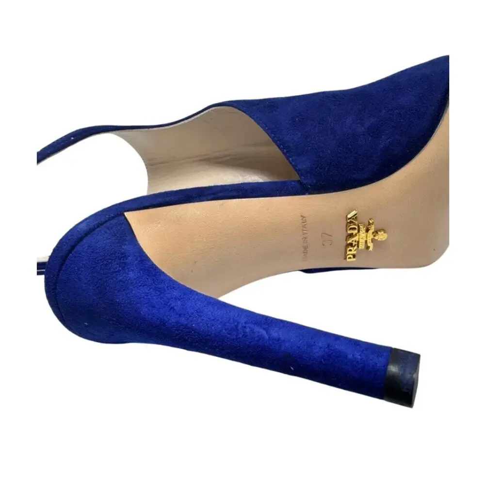 PRADA CAMO SC10 NAVY SUEDE MULE HEELS SIZE 37 ITALY ANKLE STRAP NEW IN BOX